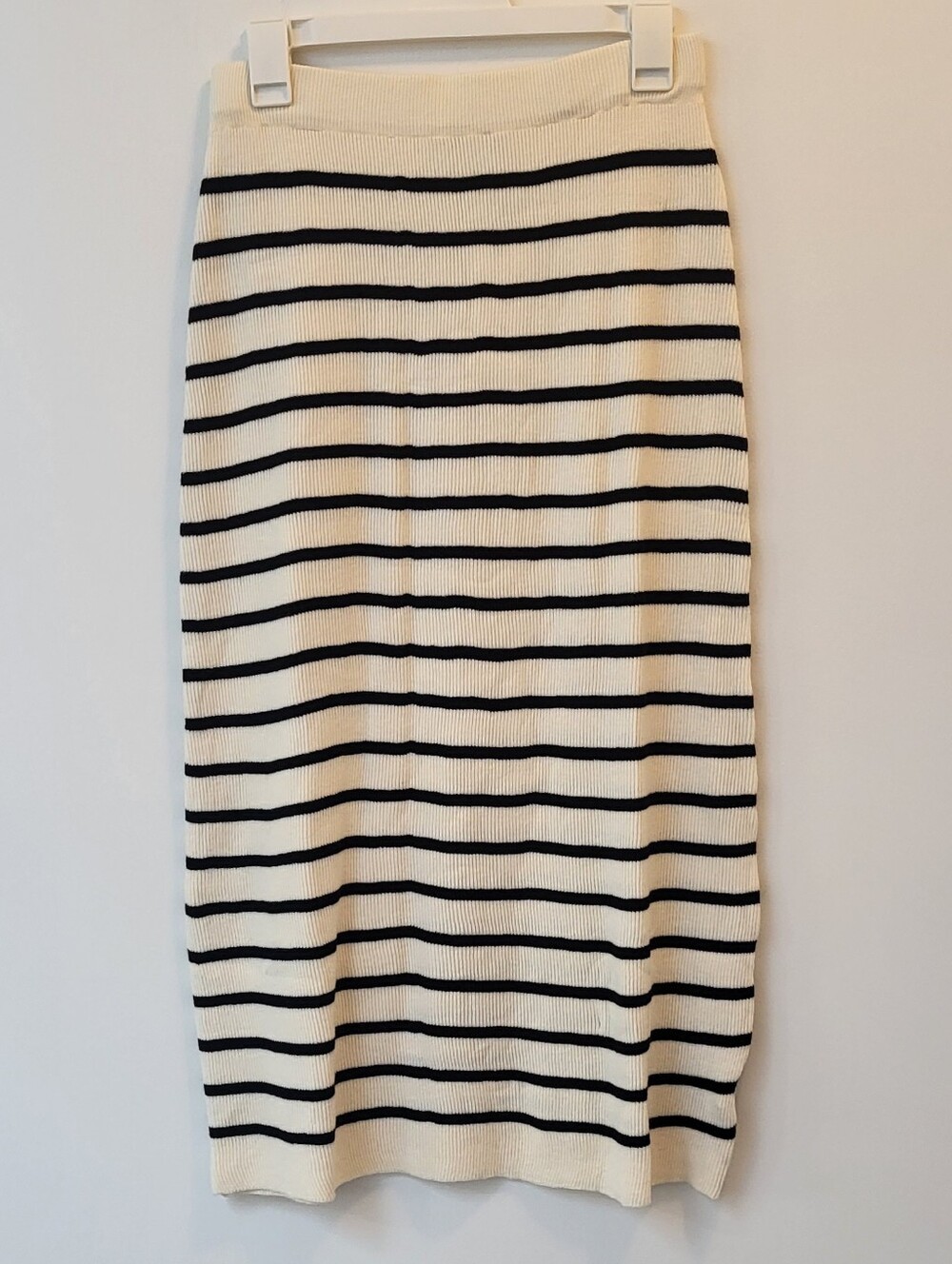 Classic Black & Cream Striped Knit Midi Skirt